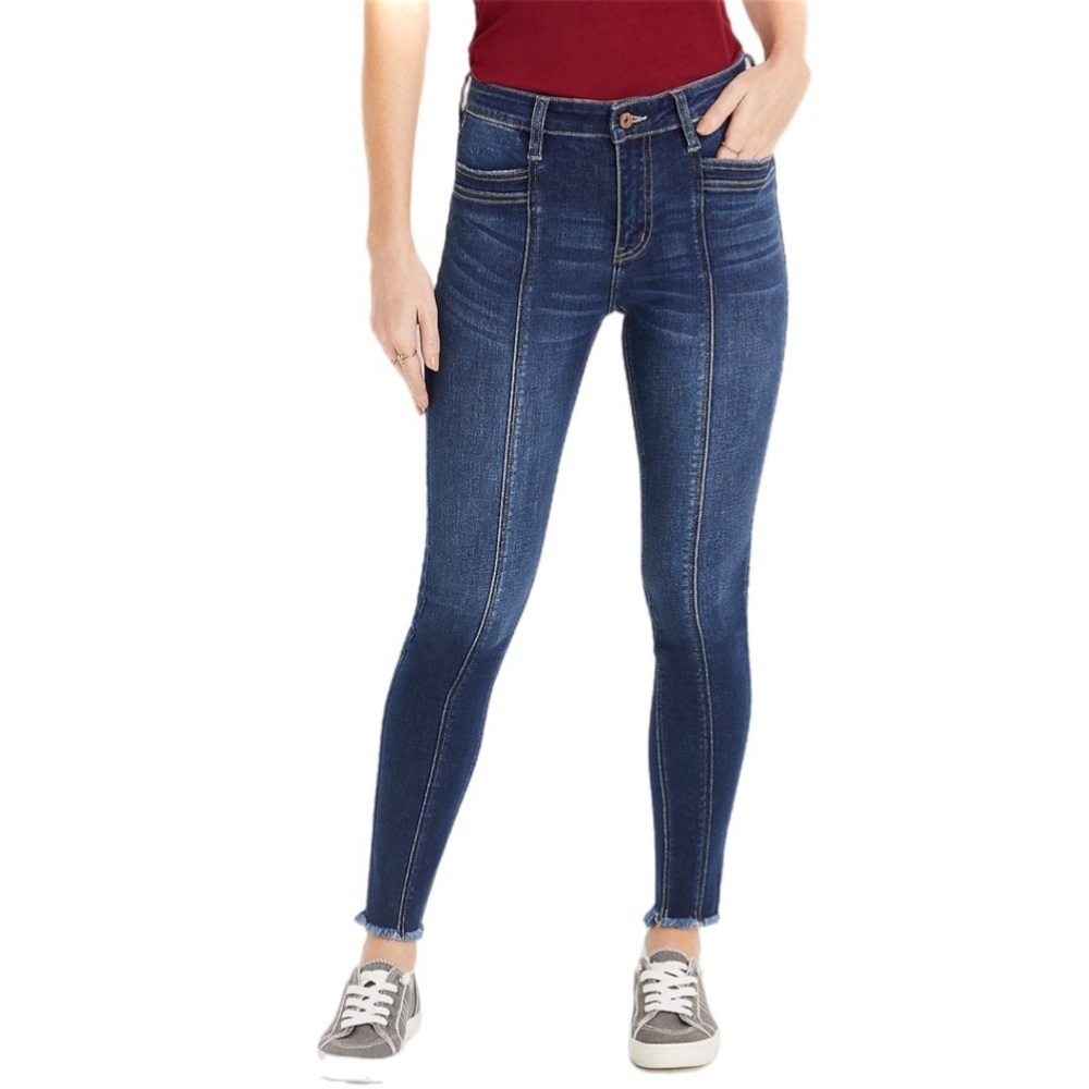 NWOT KanCan Skinny High Rise Front Seam Raw Hem Jeans Dark Wash Size 25